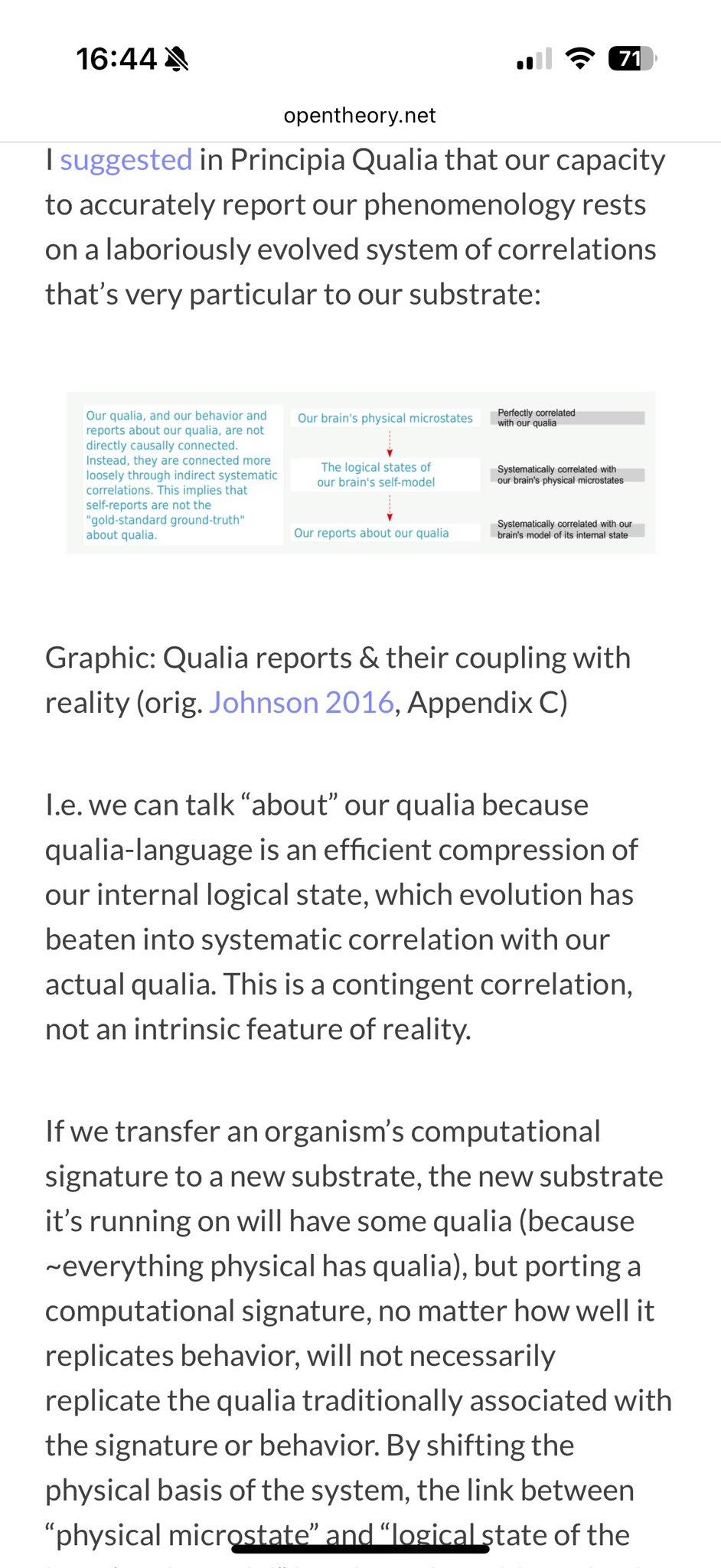 Screenshot from A Paradigm for AI Consciousness explaining how human qualia reports depend on substrate-specific correlations, with a diagram linking physical microstates, self-models, and reports.